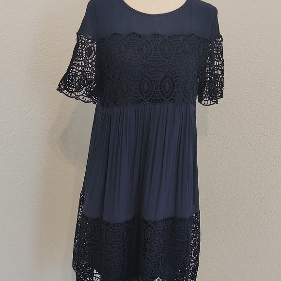 LOFT Navy Mini Dress with Lace Accents - Picture 3 of 6